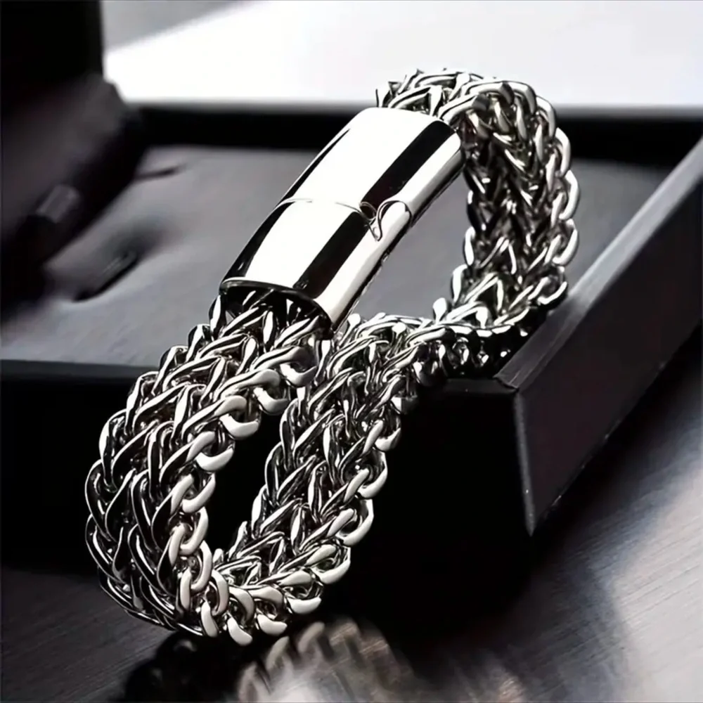 Men’s Double Layer Silver Stainless Steel Bracelet!